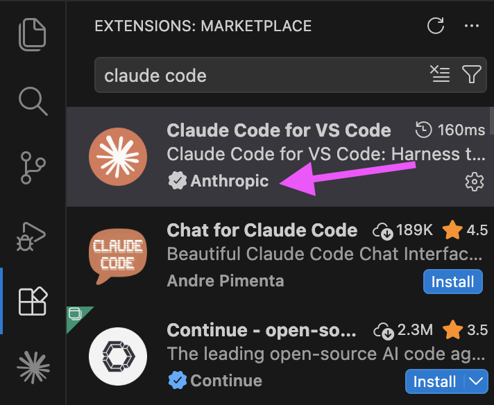 Claude Code in the VSCode extension marketplace